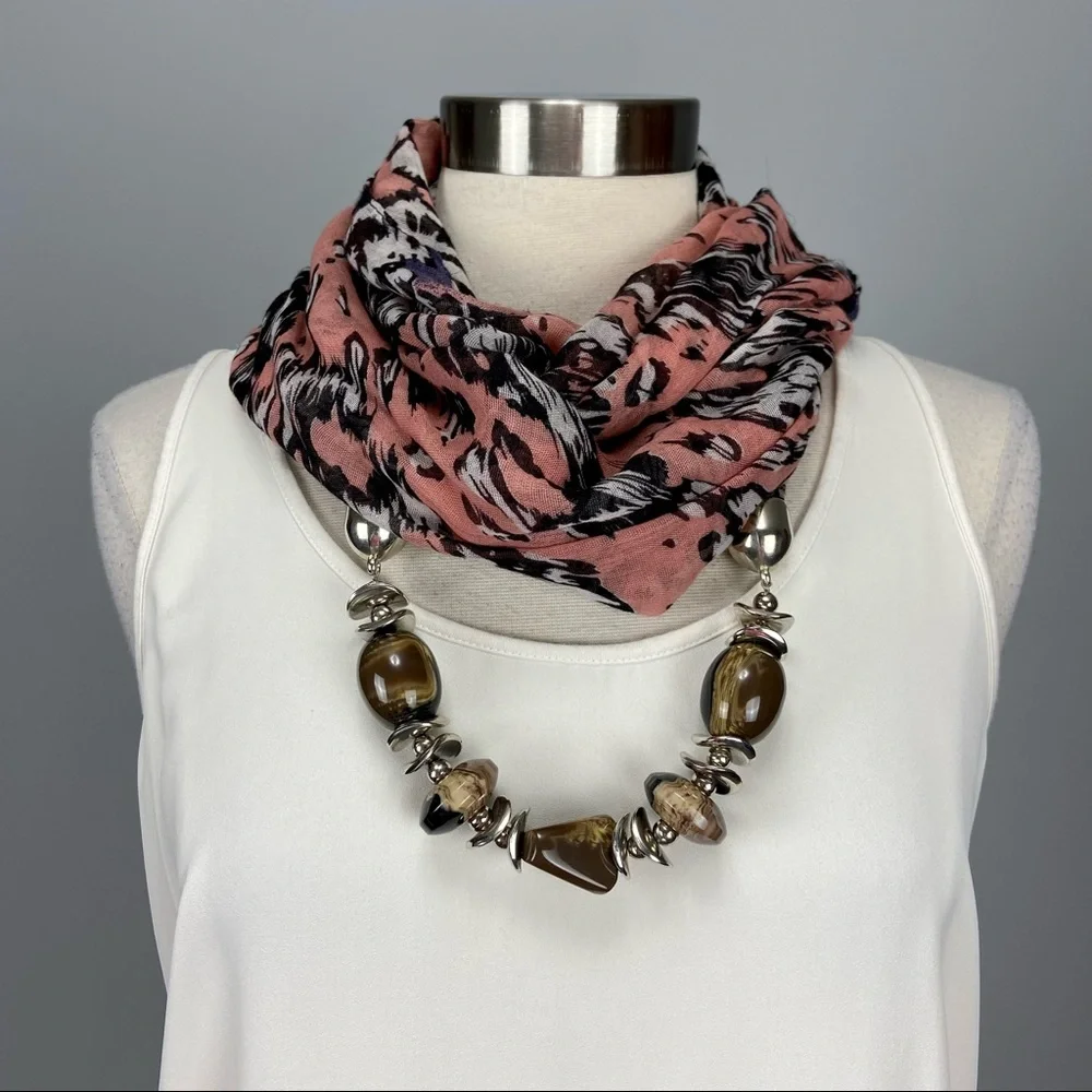 Infinity Scarf Pink Black Leopard Print Chiffon with Beads